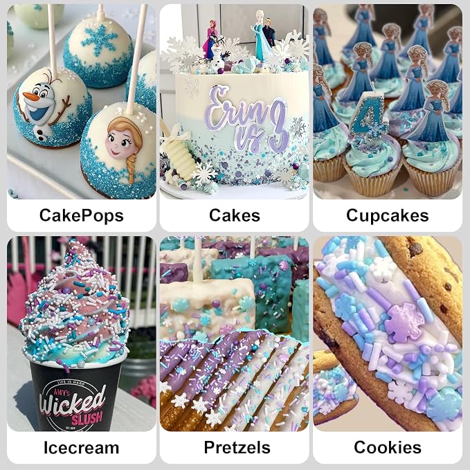 HUEBEATY 6-in-1 Frozen Snowflakes Sprinkles for Cake Decorating- 180g Winter Cake Sprinkles with Jimmies, Nonpareils, Blue & Silver Sugar, Edible Frozen Cake, Cupcake Toppers & Birthday Decorations for Cakes, Cupcakes, Cookies & Icecream