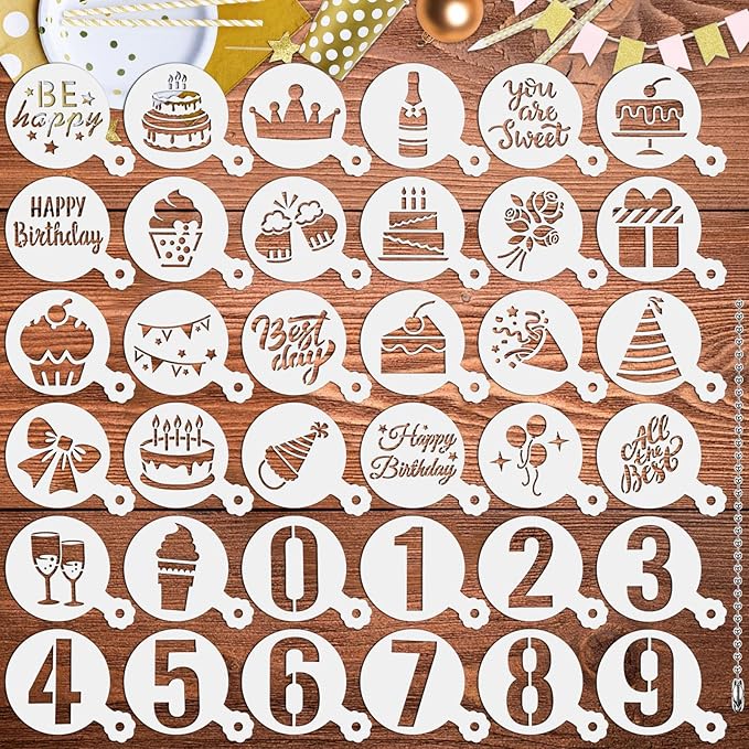 JULBEAR Birthday Cookie Stencils 36 Pcs Reusable Templates for Cake Baking | Reusable Mold, Birthday Party Dessert Coffee Decoration, Cookies Painting DIY, 36 Pieces Templates Tools