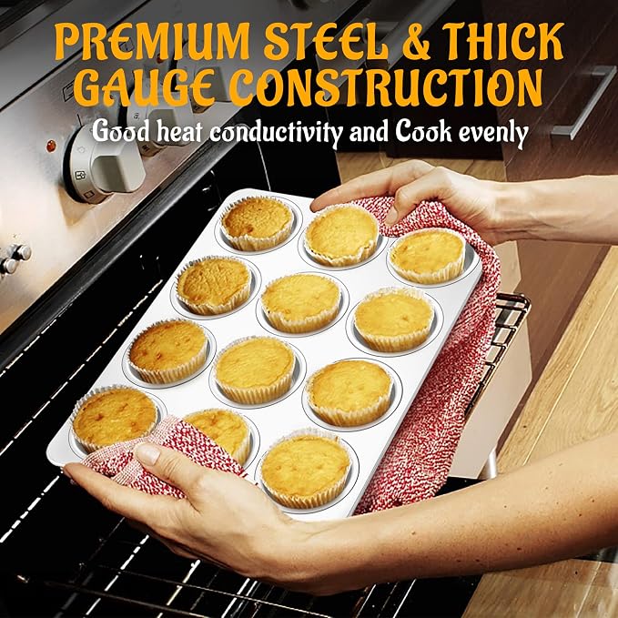 E-far 12-Cup Muffin Pan Set of 3, Stainless Steel Cupcake Pan Tins, Non-Toxic Metal Cupcake Tray for Baking Small Muffin Cakes, Heavy Duty & Regular Size, Rust Free & Dishwasher Safe