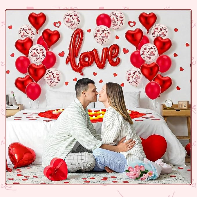 Red Valentines Day Decorations with Red Heart Balloons and Love Balloon, 12 Romantic Candles with 1000 Fake Rose Petals for Special Night, Wedding Anniversary Engagement Romantic Decorations