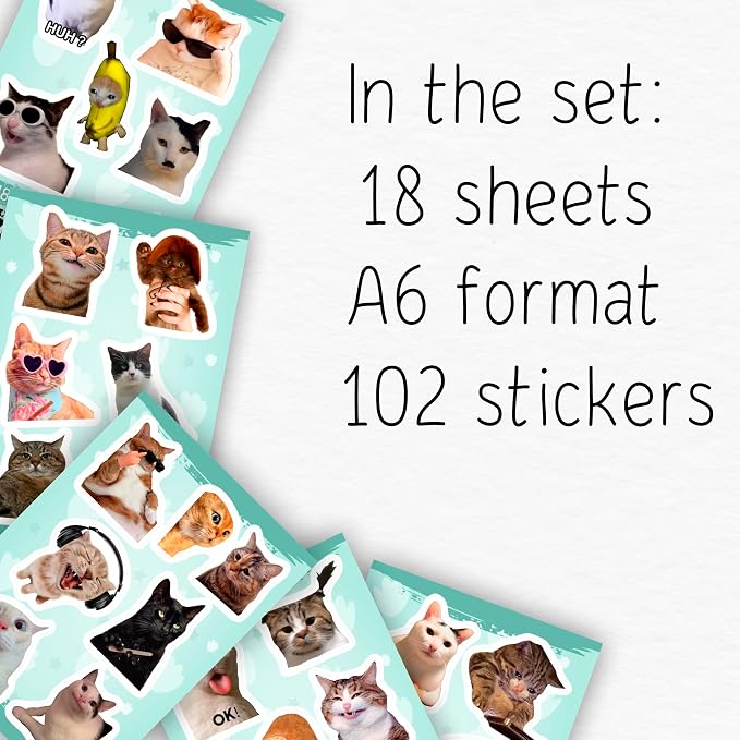 100Pcs Cat Meme Stickers, Funny Cat Sickers for Water Bottle - Pet Meme Party Decorations, Favors - Funny Decals - Gift for Women & Men
