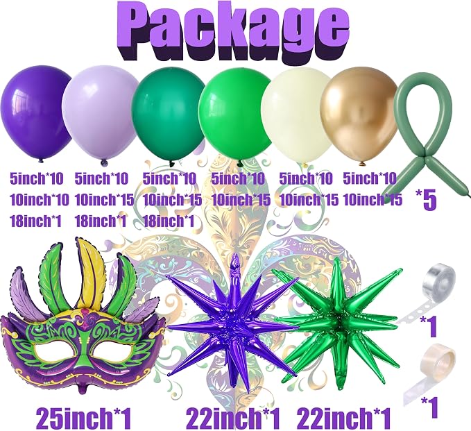 Mardi Gras Purple Green Yellow Gold Balloon Garland Arch Kit 156Pcs with Large Mardi Mask Explosion Star Foil Balloons for Carnival Birthday Masquerade Party Decorations Fat Tuesday Party Supplies