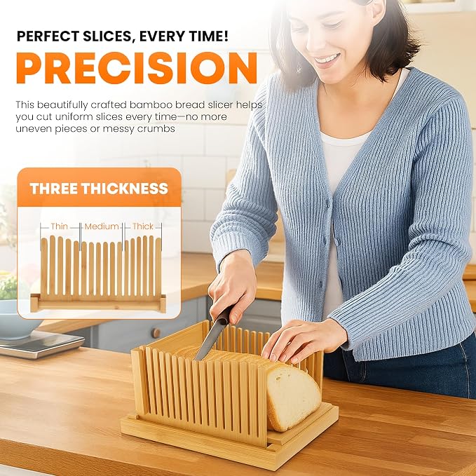 Bread Slicer for Homemade Bread, Foldable Bamboo Bread Cutter with Adjustable Thickness, Crumb Catcher Tray, and Non Slip Base – Sourdough & Loaf Slicer for Bakers