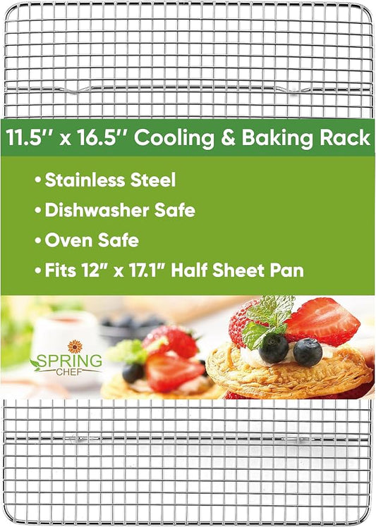 Spring Chef 11.5" x 16.5" Stainless Steel Cookie Cooling Rack - Oven Safe - Baking Rack for Bacon, BBQ, Jerky, Bread, Pizza, Cake - Fits Half Sheet Roasting Pan - Dishwasher Safe