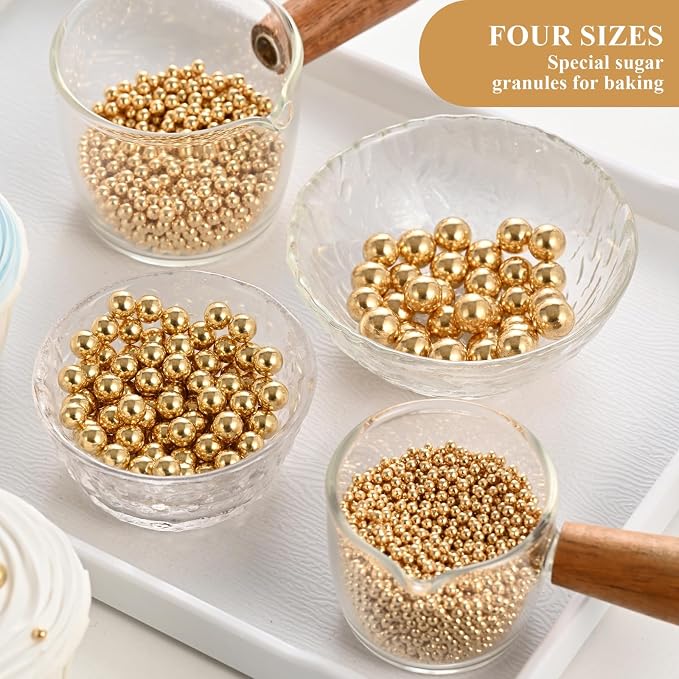 HeDeon&Rles Edible Gold Preals Sprinkles for Baking 4 Size（2mm 4mm 7mm 10mm）Gold Sprinkles for Cake Cupcake Pancake Ice Cream Decoration