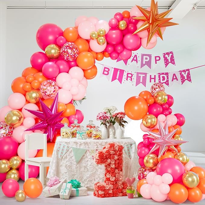 Bonropin Pink and Orange Balloon Arch Kit with Hot Pink Orange Metallic Gold Latex Balloons Garland kit 18 12 10 5Inch Different Size Balloons for Birthday Baby Shower Wedding Summer Party Decorations
