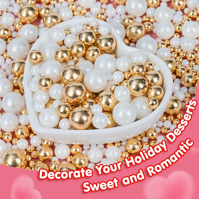 Edible Pearl Sprinkles,130g,White Gold Candy Mixing Size,Baking Pearls Sprinkle Edible Cake Decorations Cupcake Toppers,Cookie Decorating Celebrations Wedding Birthday Party Supplies