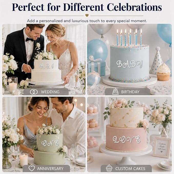 27PCS Silver Monogram Alphabet Cake Decor Set A–Z & Symbol Mirror Acrylic Decorative Letter Cake Decorations Personalized Initials for Wedding Anniversary Engagement Celebration