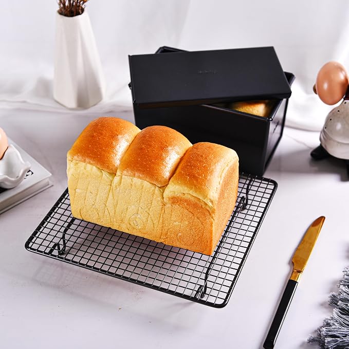Commercial Pullman Loaf Pan with Lid, 1Lb Dough Capacity Non-stick Rectangle Flat Toast Box for Oven Baking 8.3" x 4.8" x 4.3"(Black)