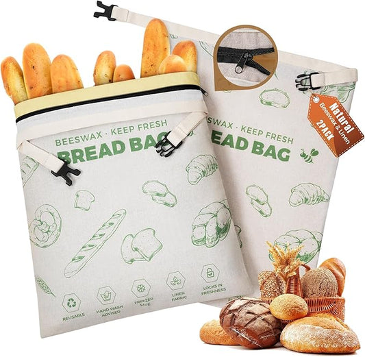 YARRAMATE Reusable Beeswax Bread Bags for Homemade Bread & Sourdough, 2 Pack XL 17x13in Linen Organic Bread Storage Bags with Zipper for Loaf, Baguette, Bagels and Sandwich Bread, Freezer Safe, Green