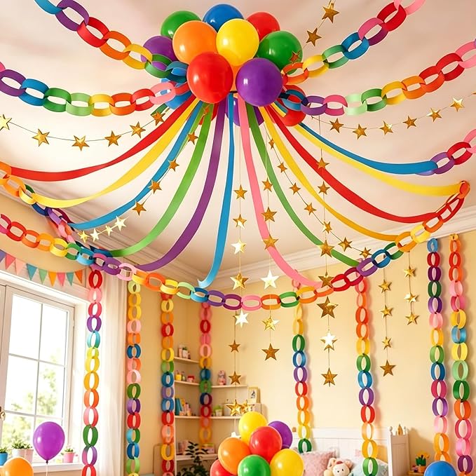 1000 Sheet Paper Chain Garland Strips Set with 10 Rolls Crepe Paper Streamers & 52.8ft Gold Star Garland,DIY Construction Paper Chain Kit for Birthday, Wedding, Classroom, Party Decorations (Rainbow)