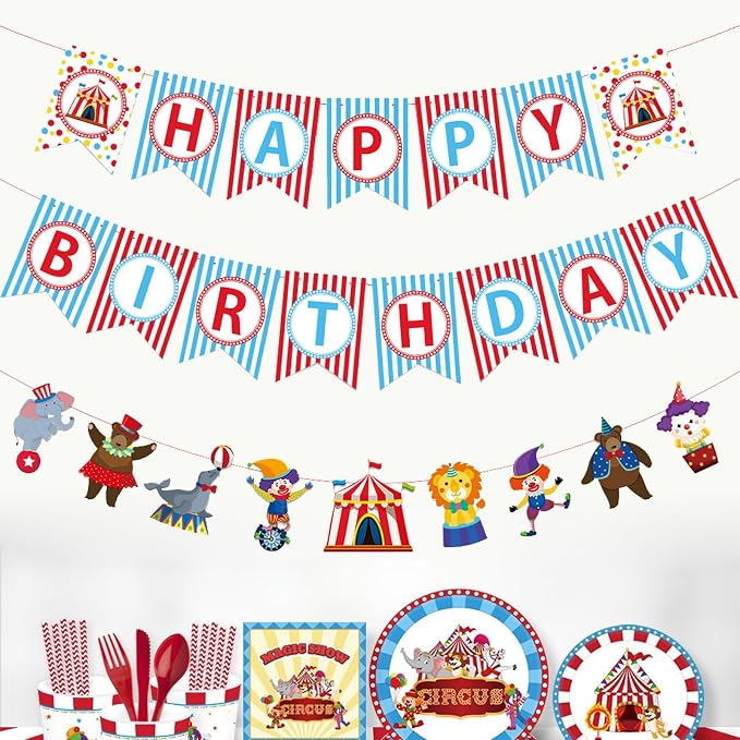 Zwiebeco Circus Happy Birthday Party Decoration Banner Hanging Colorful Paper Amusement Park Theme Bunting Sign for Boys Girls Babys Kids Funfair Carnivals Accessories Supplies