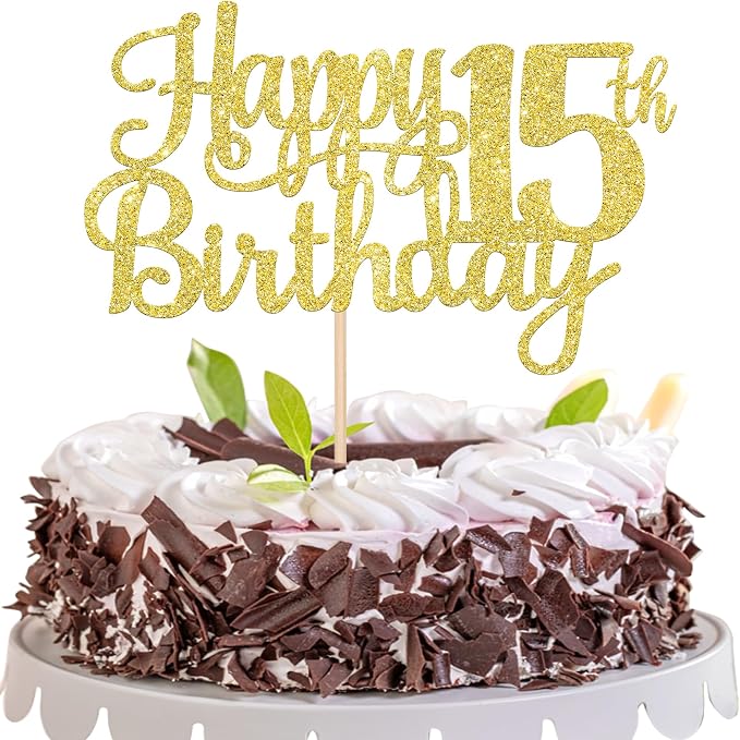 1 PCS Happy 15th Birthday Cake Topper Gold Glitter Cheers to 15 Years Birthday Cake Pick Mis Quince 15 Fabulous Cake Decoration for Happy 15th Birthday Theme Party Decorations Supplies