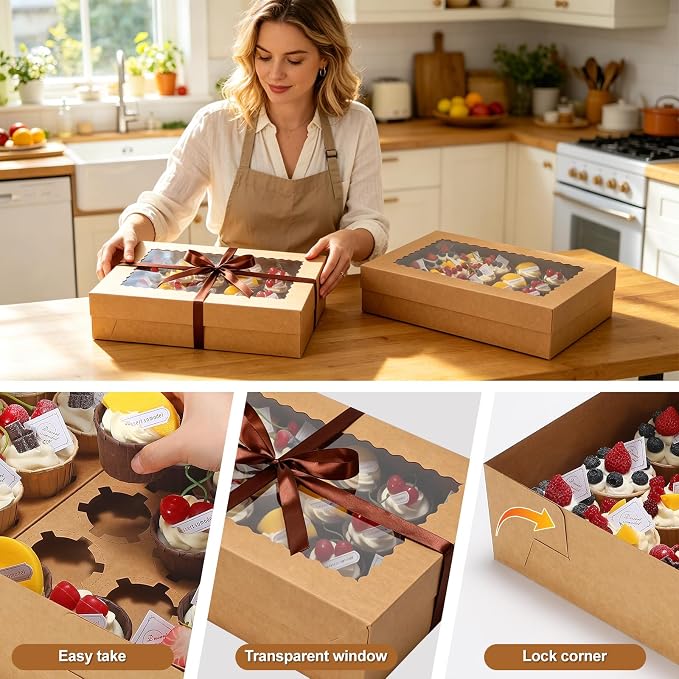 10 Pack 24 Count Standard Cupcake Boxes with Window & Inserts Brown | Cupcake Containers Bakery Box for Standard Muffins, Pastry Dessert for Birthday Party, Wedding, Baby Shower-17.5x11.5x4 Inch