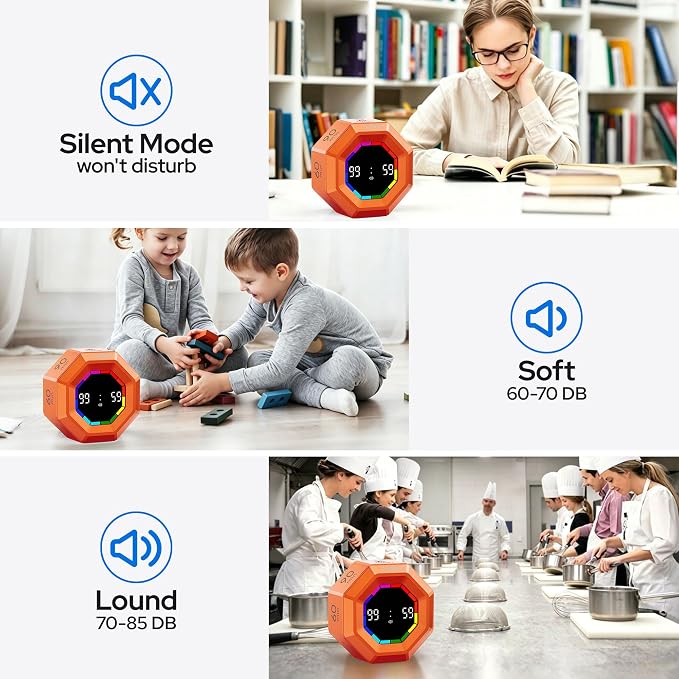 Visual Timer for Kids Kitchen Timer Pomodoro Magnetic Visual Countdown | Smart Gravity Sensing Timer with Large Display Loud Alarm for Study Cooking Classroom Homework Time Management
