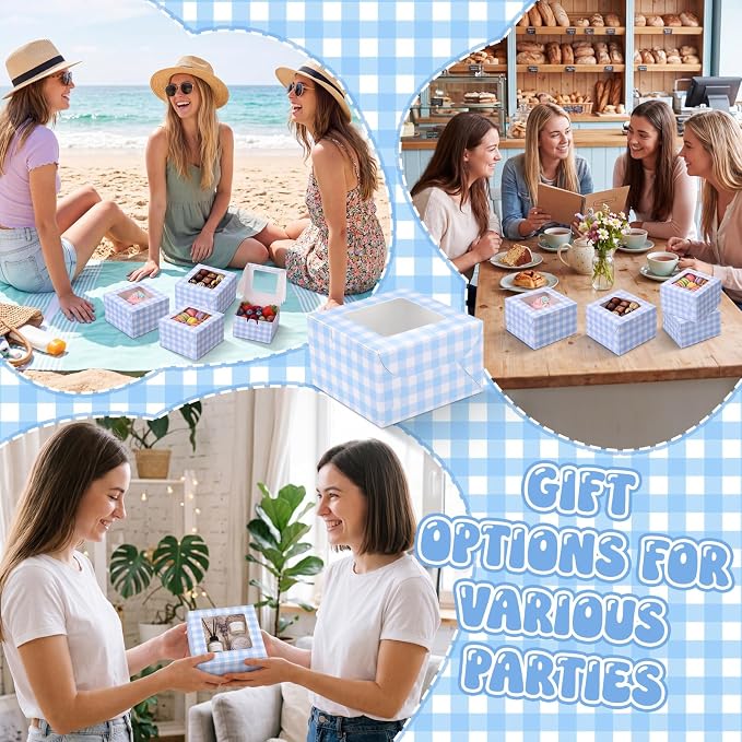50 Pack Blue Gingham Cookie Boxes with Window, Small Bakery Treat Boxes for Pastry Donuts Macaroon Cupcakes, Gingham Party Supplies Wedding Bridal Baby Showers Birthday Party Favors