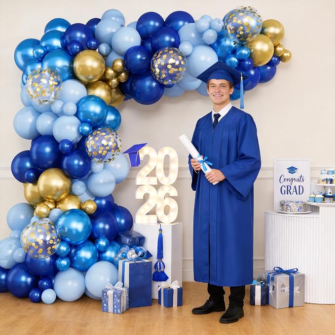 Graduation Balloon Arch Kit Blue and Gold Balloon Garland Royal Pastel Light Blue Metallic Gold Confetti Balloons for Grad Class of 2026 Boss Retirement Prom Birthday Baby Shower Party Decorations