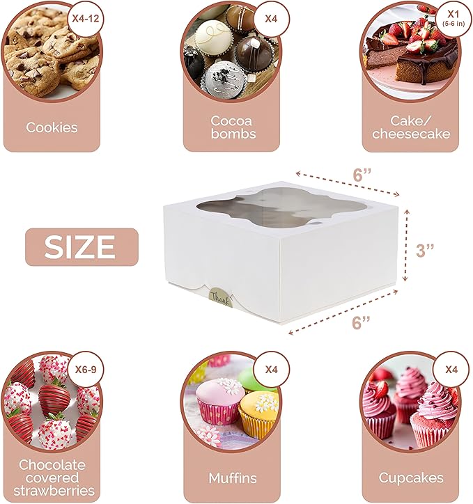Leafiew 30 Pack 6x6x3 Bakery Boxes with Window – Small Cookie Boxes for Gift Giving – Treat Boxes for Small Cake, Pastry, Strawberries, Dessert, Candy, Charcuterie, Baked Goods and Food (White)
