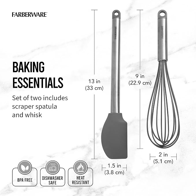 Farberware Pro Whisk and Spatula Set, Stainless Steel Handles with Heat Resistant Silicone Heads, 2-Piece Baking and Cooking Kitchen Utensils Set, Dishwasher Safe