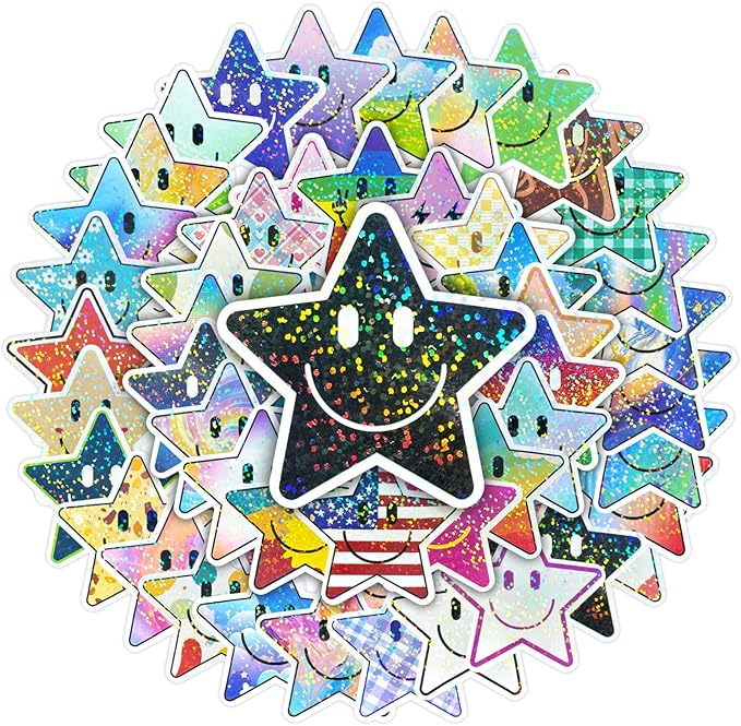 50PCS Smile Star Stickers, Glitter Stickers | Cute Water Bottle Stickers for Kids, Teaching Rewards, Notebooks, Stationery, Luggage, Cartoon PVC Smile Face Stickers