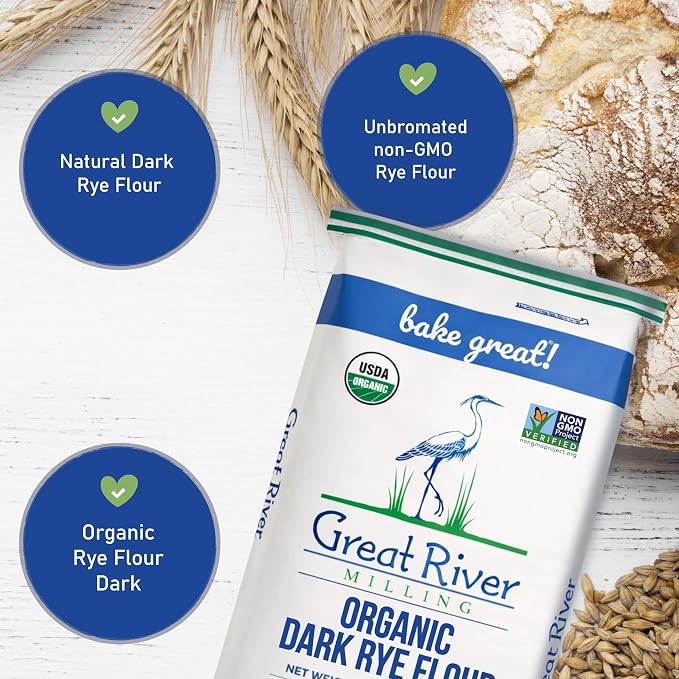 Great River Milling Organic Dark Rye Flour | Whole Grain, Non-GMO, Kosher, Unbromated | Earthy Flavor for Rye Bread, Sourdough Starter, Bagels, Crackers & Artisan Baking | 25 Lb