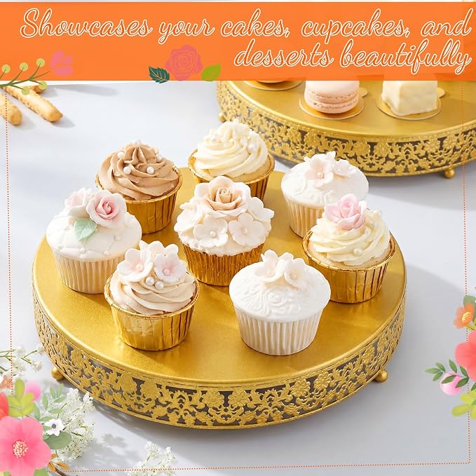 Wenqik 2 Pack Cake Stand Set, 14/16 Inch Metal Round Cupcake Dessert Stand Decorative Elegant Cake Display for Weddings Party Birthday Baby Showers Anniversary(Classic Floral,Gold)
