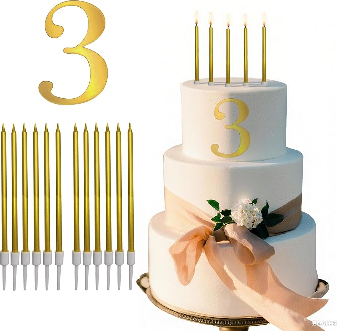 3.7IN Gold Acrylic Number 3 Cake Topper with 12 Gold Long Candles - Perfect for 3rd Birthday Party Supplies, Ideal for Cake Decoration