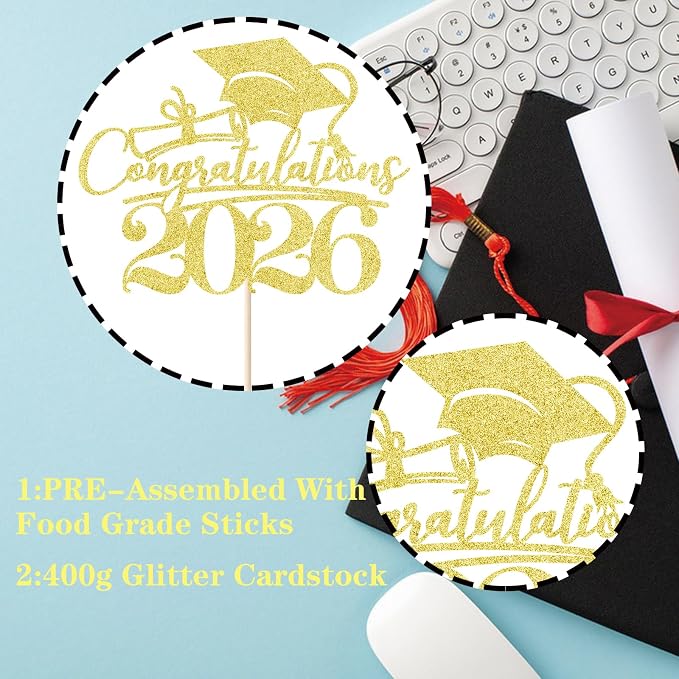 Congratulations 2026 Graduation Cake Topper,Congrats Grad Cake Decor - 2026 High School/College/Senior Graduation Party Decorations Supplies