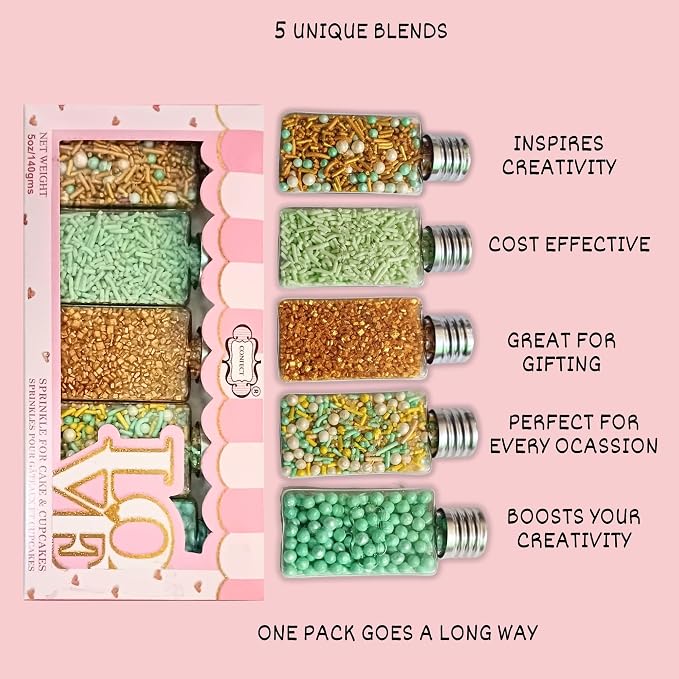 Confect Edible Sprinkles Mix Pack of 5 – Cool Summer Breeze Theme – Yellow Pearl Dragees, Mint Green & Gold Jimmies, Sparkling Gold Sugar – Cake & Cupcake Decorating Toppings - Vegan, Gluten-Free, Nut-Free, Soy-Free, Dairy-Free, Palm Oil-Free- 5 Oz