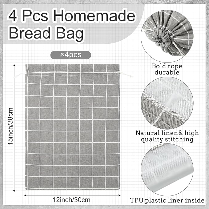 FoldTier 6 Pcs Bread Bags for Homemade Bread with Bowl Cover, 4 Linen Reusable Bread Bag TPU Plastic Lined Sourdough Bread Bags 2 Elastic Reusable Bowl Covers for Bread Proofing Cover for Storage Gray