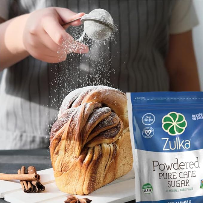 Zulka Powdered Pure Cane Sugar, 1 lb Resealable Bag – Non-GMO, Certified Vegan, Bone Char Free Confectioners Sugar for Baking, Frosting, and Glazes
