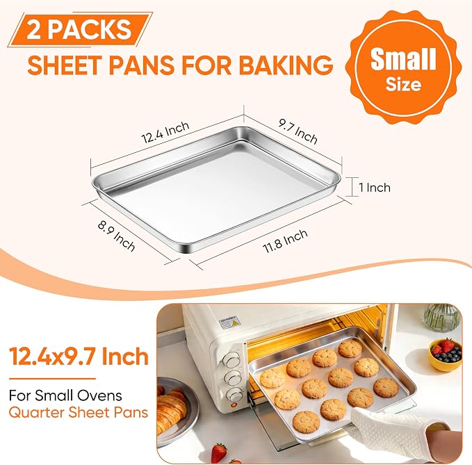 LIANYU Stainless Steel Baking Sheet Pans of 2, 12.4x9.7 Inch Quarter Sheet Pan, Heavy Duty Cookie Sheet for Baking, Bakeware Oven Tray for Food, Non Toxic & Easy Clean, Dishwasher Safe