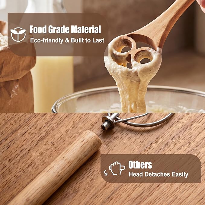 SiliFine Danish Dough Whisk Set of 3, 13" One-piece Acacia Wood Sourdough Whisk for Bread, Pizza, Batter & Starter, Cake Biscuits Flow-through Design, Handmade Bread Baking Gift