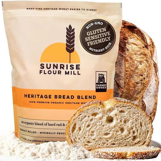 Sunrise Flour Mill Heritage Organic Bread Flour Blend - 5 lbs | Organic Unbleached Bread Flour Easy to Digest with Less Bloating | High Protein, Superior Baking | Smooth, Nutty Flavor