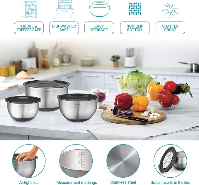 Belwares Mixing Bowls with Lids Set of 5 - Stainless Steel Mixing Bowl Set, Nesting Metal Bowls with Non Slip Bottoms + 3 Grater Attachments, Airtight Lids for Baking, Food Prep + Storage, Black