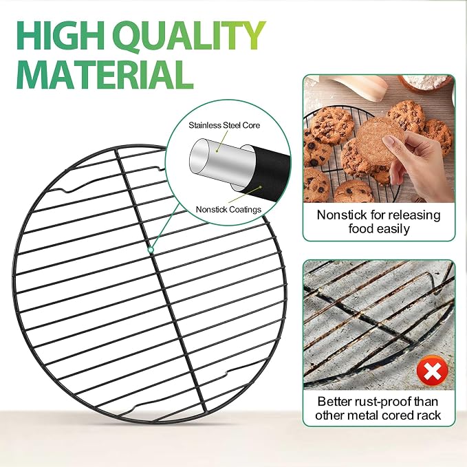 P&P CHEF 9 Inch Cooking Rack Round, Stainless Steel Round Rack for Cooking Cooling Steaming Baking, Fit Air Fryer Pot Pressure Cooker, 2 Pack -Oven Safe, Black