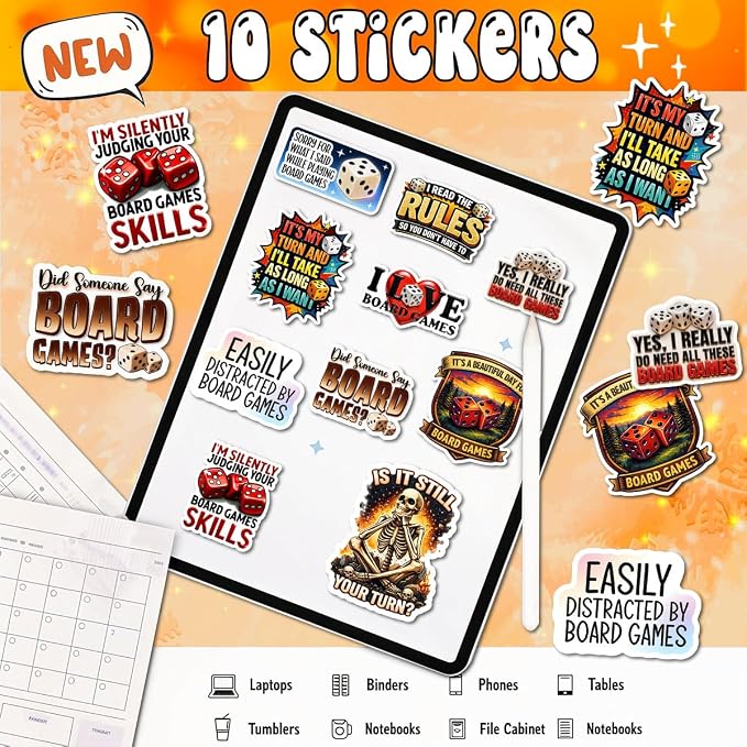 10pcs Board Game Stickers Gifts for Board Game Lovers Friends Multiple Different Design, Waterproof UV-Resistant for Water Bottle, Laptop, Window, Car