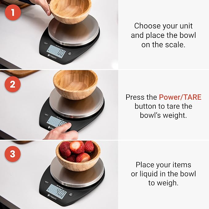 Etekcity 0.1g Food Scale, Bowl, Digital Grams and Ounces for Weight Loss, Dieting, Baking, Cooking, and Meal Prep, 11lb/5kg, Stainless Steel Black