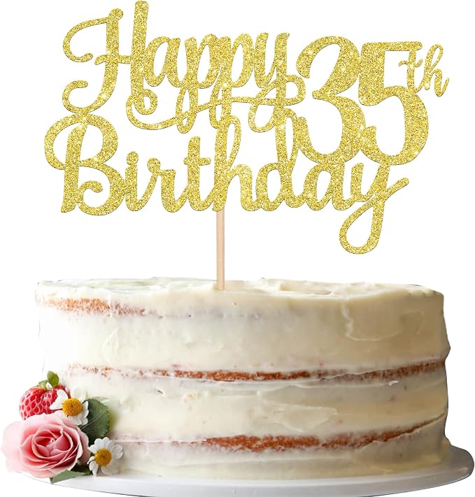 1 PCS Happy 35th Birthday Cake Topper Gold Glitter Cheers to 35 Years Birthday Cake Pick 35 Fabulous Cake Decoration for Happy 35th Birthday Theme Party Decorations Supplies