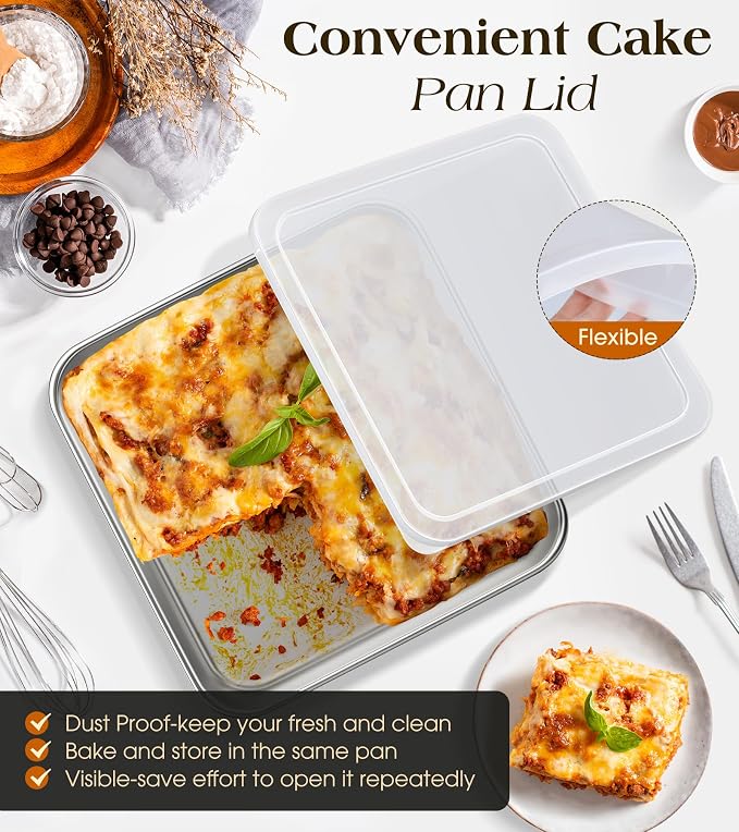 9 x 9-Inch Baking Pan with lid, 304 Stainless Steel Square Cake Pan, Commercial Grade Bakeware for Cakes Brownies Casseroles, Thicker Rectangle Sheet Cake Pans, Non-toxic & Heavy Duty &Dishwasher Safe