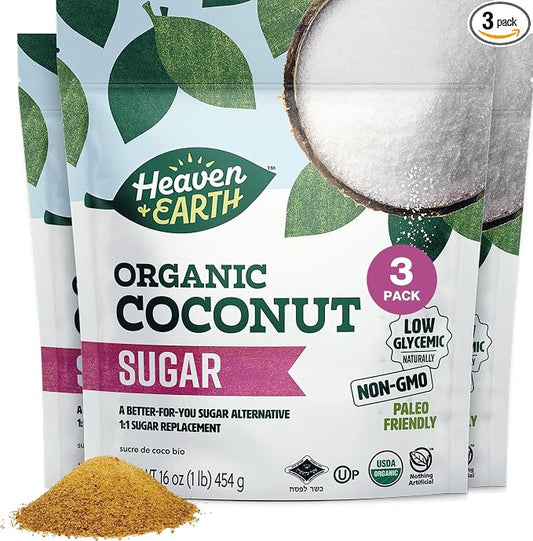 Heaven & Earth Organic Coconut Sugar, 16oz (3 Pack) | Low Glycemic | Unrefined Sugar Alternative | Natural Sweetener | Coconut Palm Sugar