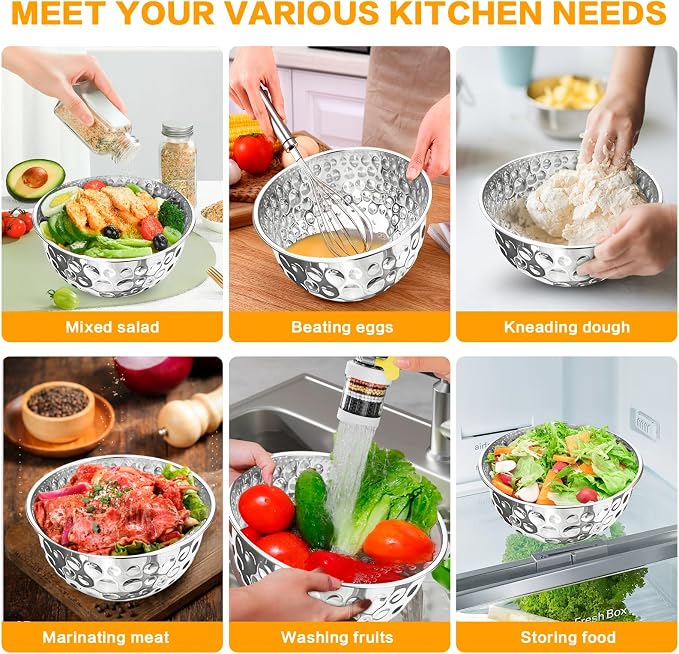 5-Piece Stainless Steel Mixing Bowls (4.9/4.2/3.2/2.1/1.6QT), Hammered Design Nesting Metal Mixing Bowl Set for Kitchen Meal Prep, Movie Night and Party