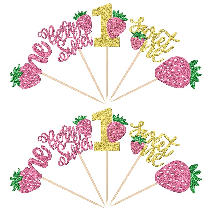 30 PCS Strawberry One Cupcake Toppers Glitter Berry Sweet One First Birthday Strawberry Cupcake Picks for Fruit Theme Baby Shower Kids Boys Girls 1st Birthday Party Cake Decorations Supplies Pink