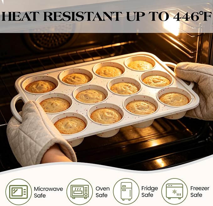 2 Pcs Silicone Muffin Pan with Metal Frame Nonstick 12 Cup Regular Size Cupcake Pan Silicone Muffin Tray for Baking Egg Bites Muffins Cupcakes Gifts for Mom Home Baker Kitchen (Cream)
