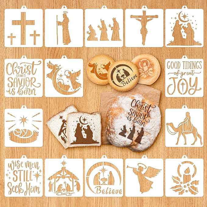 Whaline 15 Pcs Jesus’ Birth Bread Stencils Painting Stencils Christmas Nativity Christ Decorative Cake Baking Templates with Bead Chain for Xmas Holiday Party DIY Craft, 4.7 x 5.1 Inch