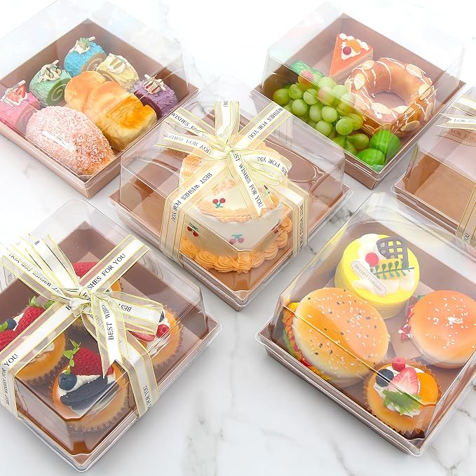 50 Pack 7 x 7 x 4 Inches Clear Cake Boxes for 6 Inch Cake, Paper Charcuterie Boxes with Clear Lids, Disposable Bakery Food Containers Large Dessert, Cupcakes,Pie,Cookies, Cocoa Bomb (White&Brown)