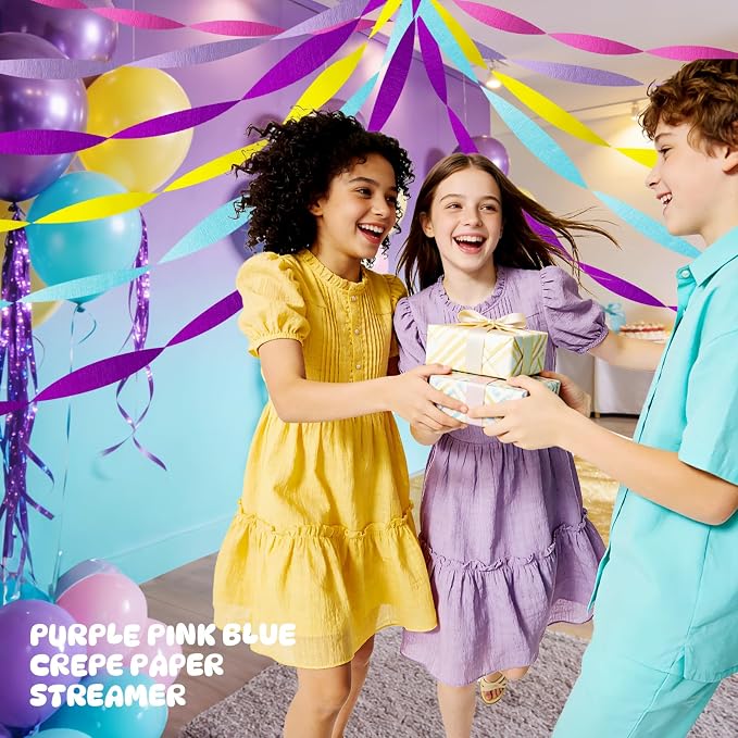 AOYOO Crepe Paper Streamers, 5 Rolls Multicolor Party Streamers in Rose Red, Purple, Yellow and Light Blue, Premium Rainbow Decorations for Unicorn Birthday, Easter, Carnival and Kids Party Supplies
