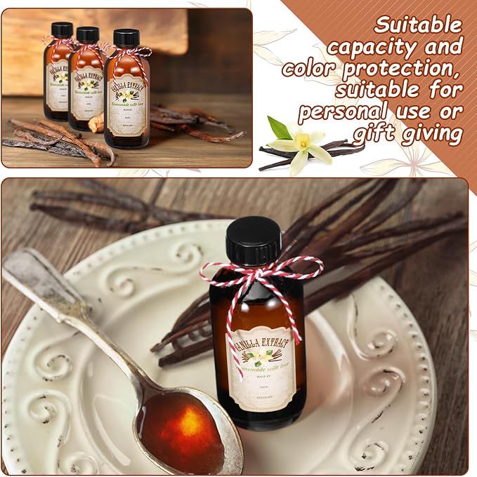 Uiifan 8 Pcs Vanilla Extract Bottles Boston Round with Caps Glass Bottle and 8 Pcs Vanilla Extract Labels Stickers for Syrup Gift Glass Food Storage Canister Set Sauce Beans(2 oz)