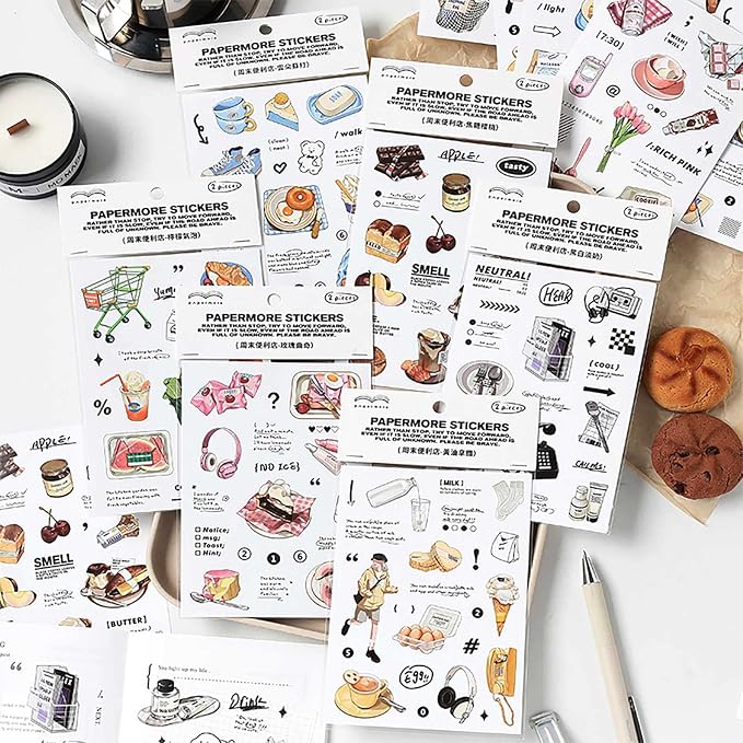 Maxleaf 12Sheets Vintage Adhesive Stickers for Scrapbook Decoration, Retro Foods Bread Fruits Bagel Convenience Store Stickers for Daily Life Diary Album Decoration