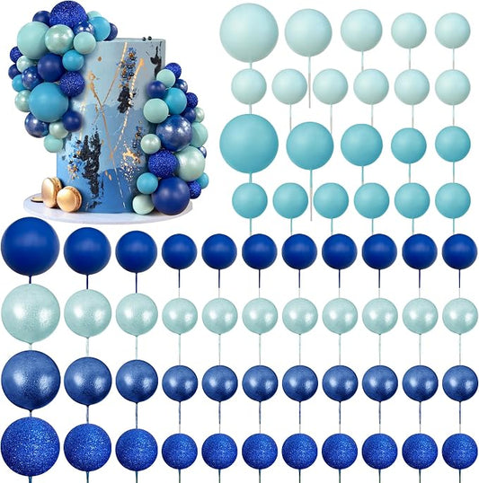 66 PCS Colorful Ball Cake Picks for Cake Decoration Blue Series with 6 Vibrant Colors Pearl Ball Shaped Cupcake Toppers for Birthday Party and Wedding Supplies